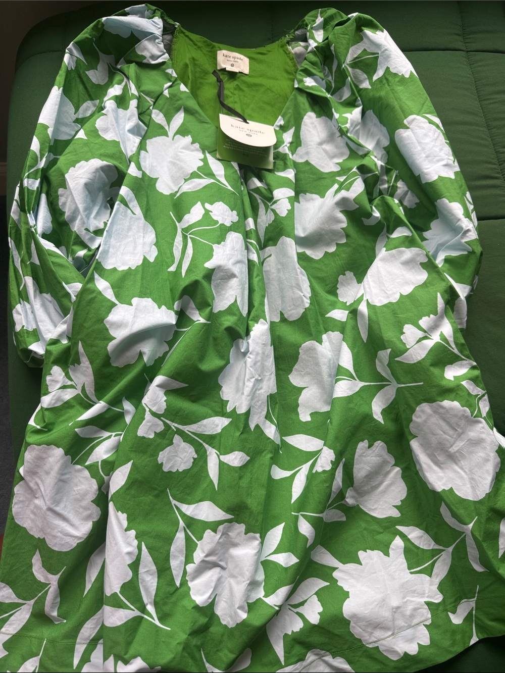 Kate Spade NWT Green and White Floral Puff-Sleeve Tunic Dress. Flowy & Beautiful
